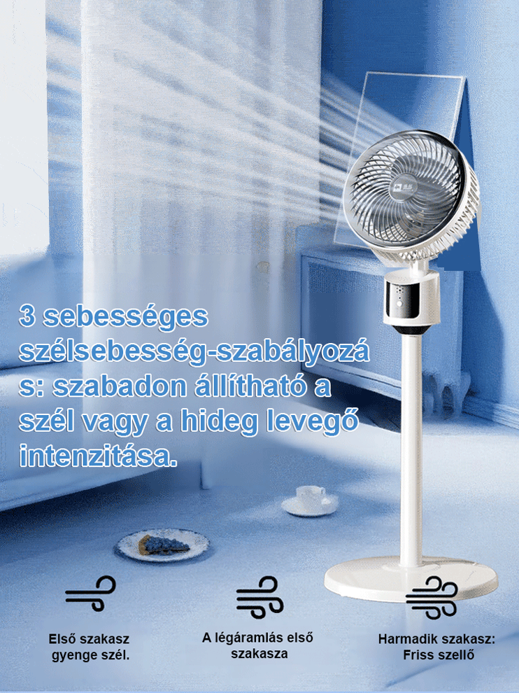 Halk nélküli, energiatakarékos, körkörös forgású álló ventilátor