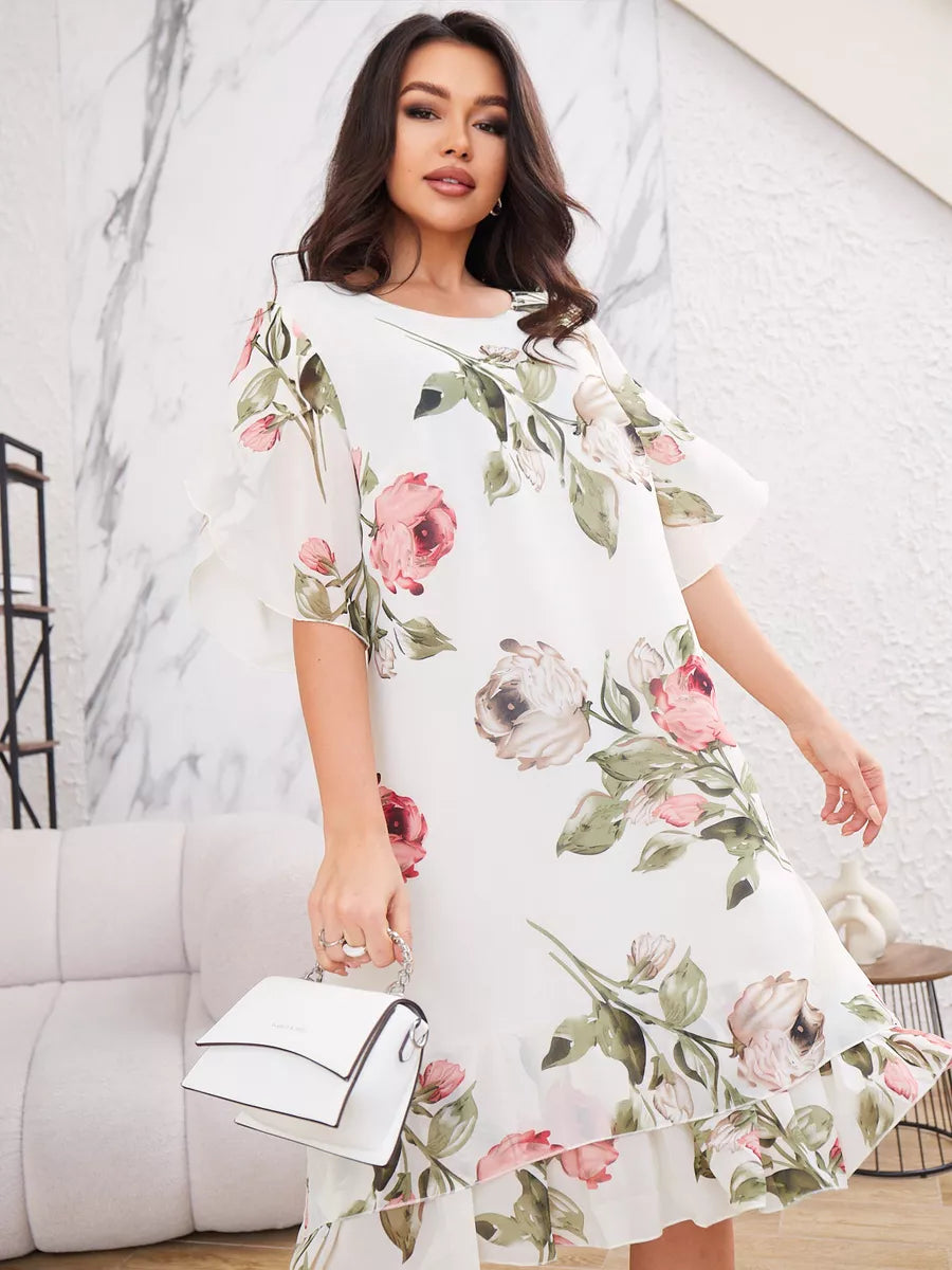 ❀Elegáns női ruha fél ujjú sifonból és mintával