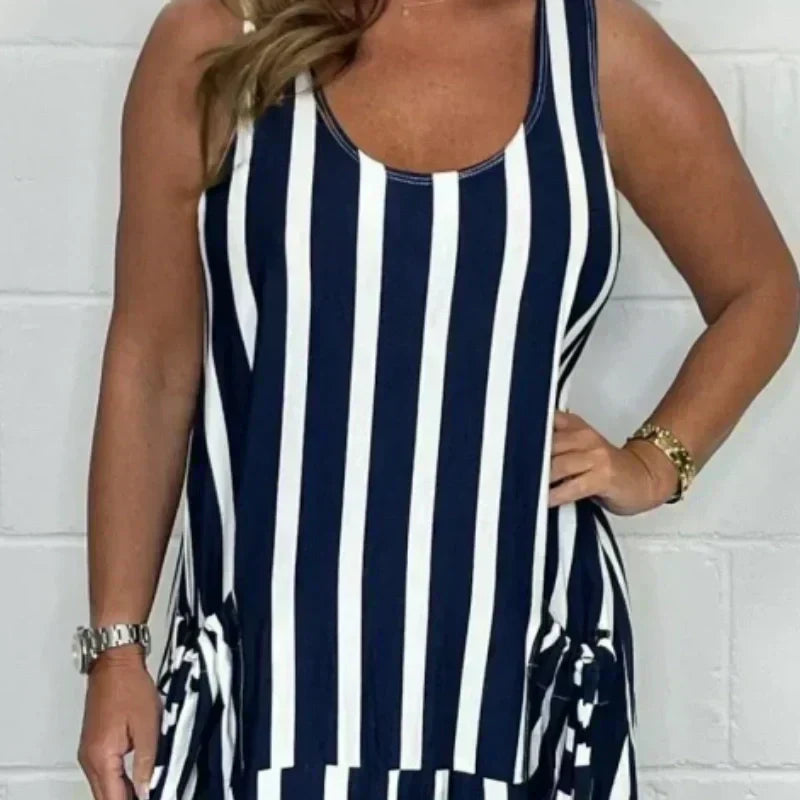 👗Tavaszi és nyári plusz méretű csíkos zsebes ruhák